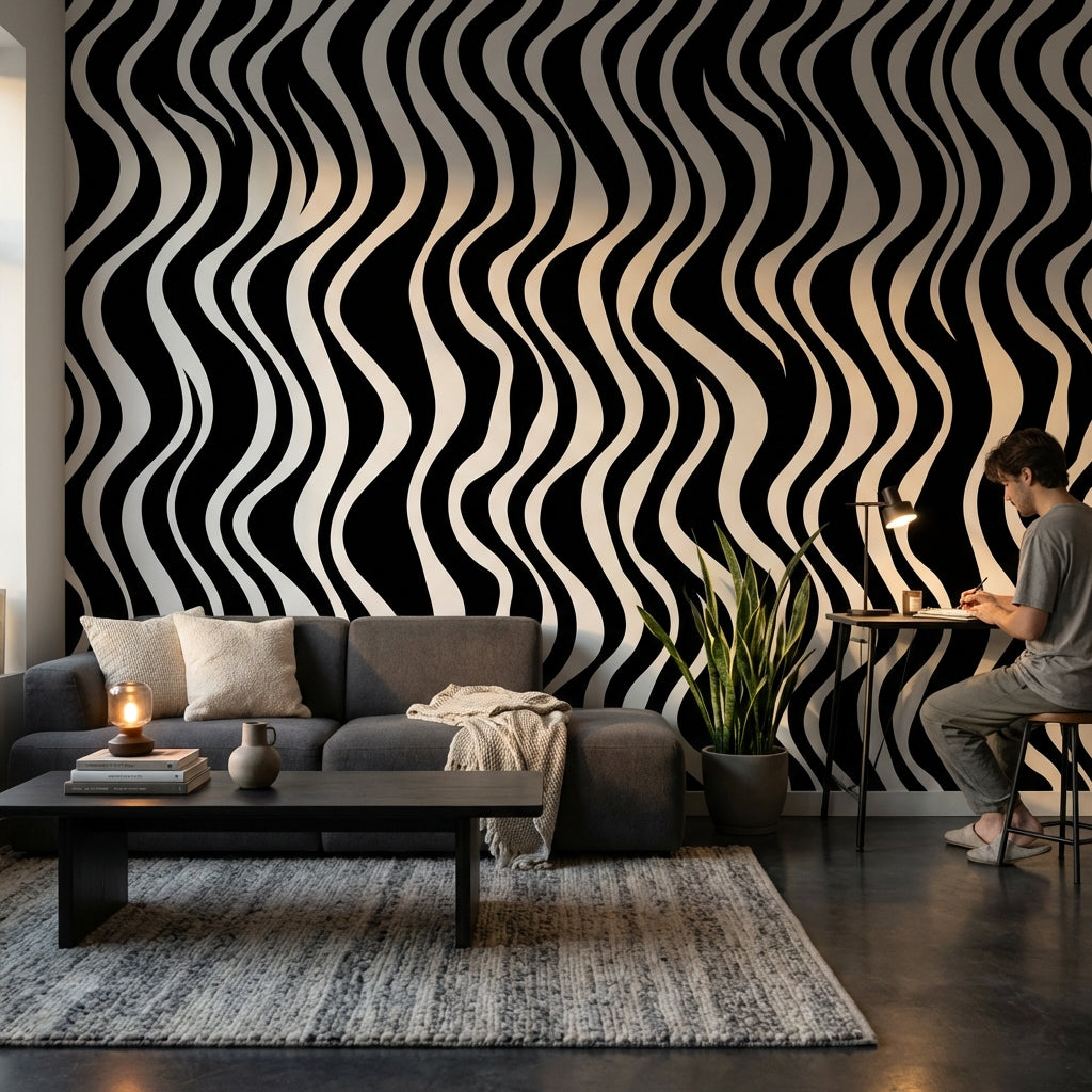 Black And White Wallpaper Wavy Abstract Wall Mural