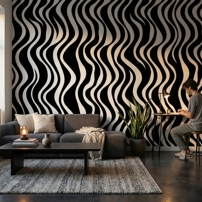 Black And White Wallpaper Wavy Abstract Wall Mural