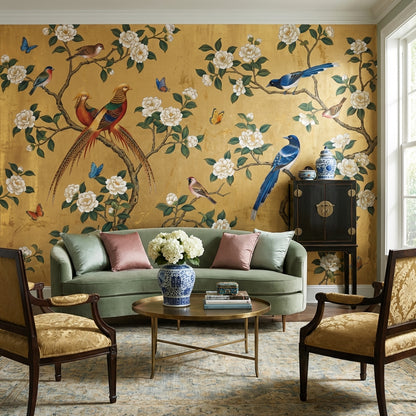Oriental Birds Wallpaper Gold Nature Wall Mural