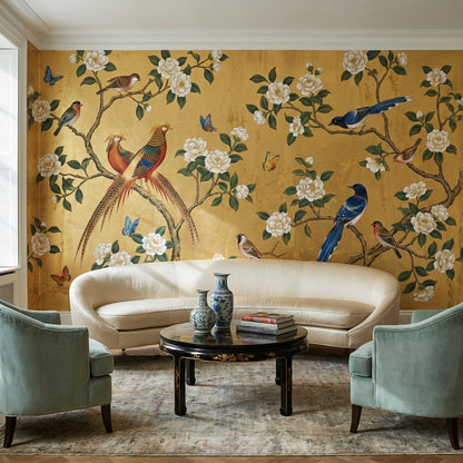 Oriental Birds Wallpaper Gold Nature Wall Mural