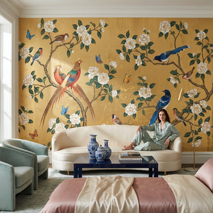 Oriental Birds Wallpaper Gold Nature Wall Mural