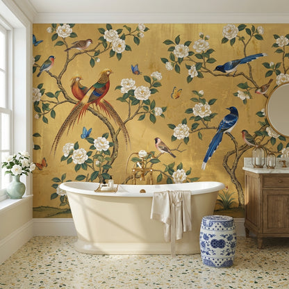 Oriental Birds Wallpaper Gold Nature Wall Mural