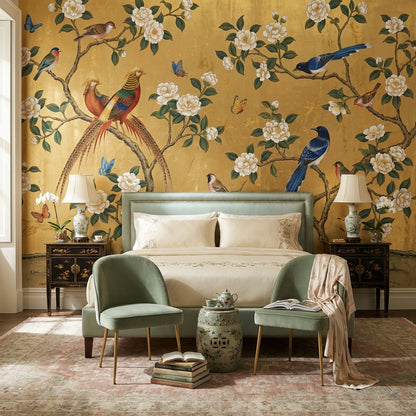 Oriental Birds Wallpaper Gold Nature Wall Mural