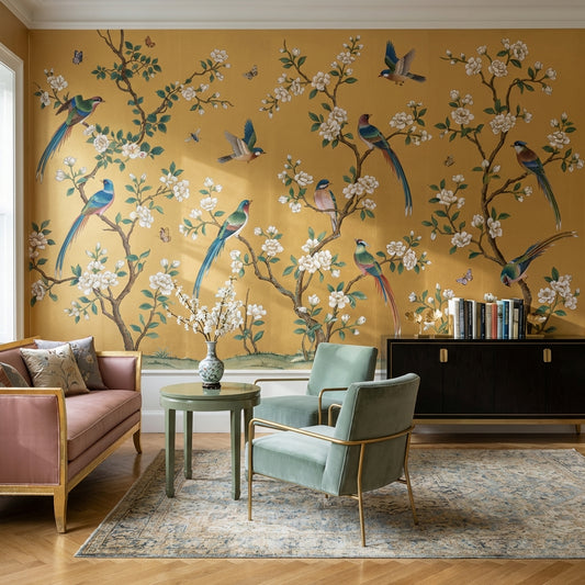 Oriental Birds Wallpaper Floral Vintage Wall Decor