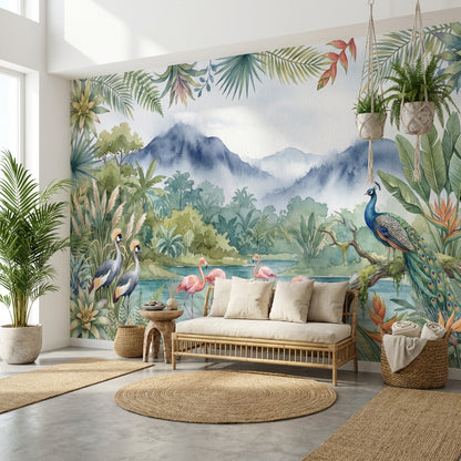 Tropical Wallpaper Flamingos Peacock Wall Mural