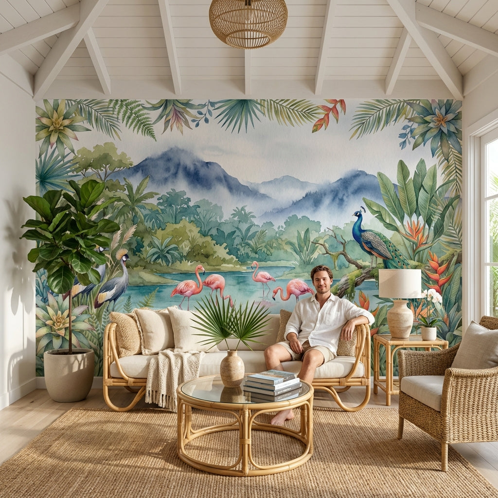 Tropical Wallpaper Flamingos Peacock Wall Mural