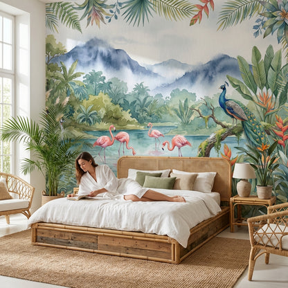 Tropical Wallpaper Flamingos Peacock Wall Mural