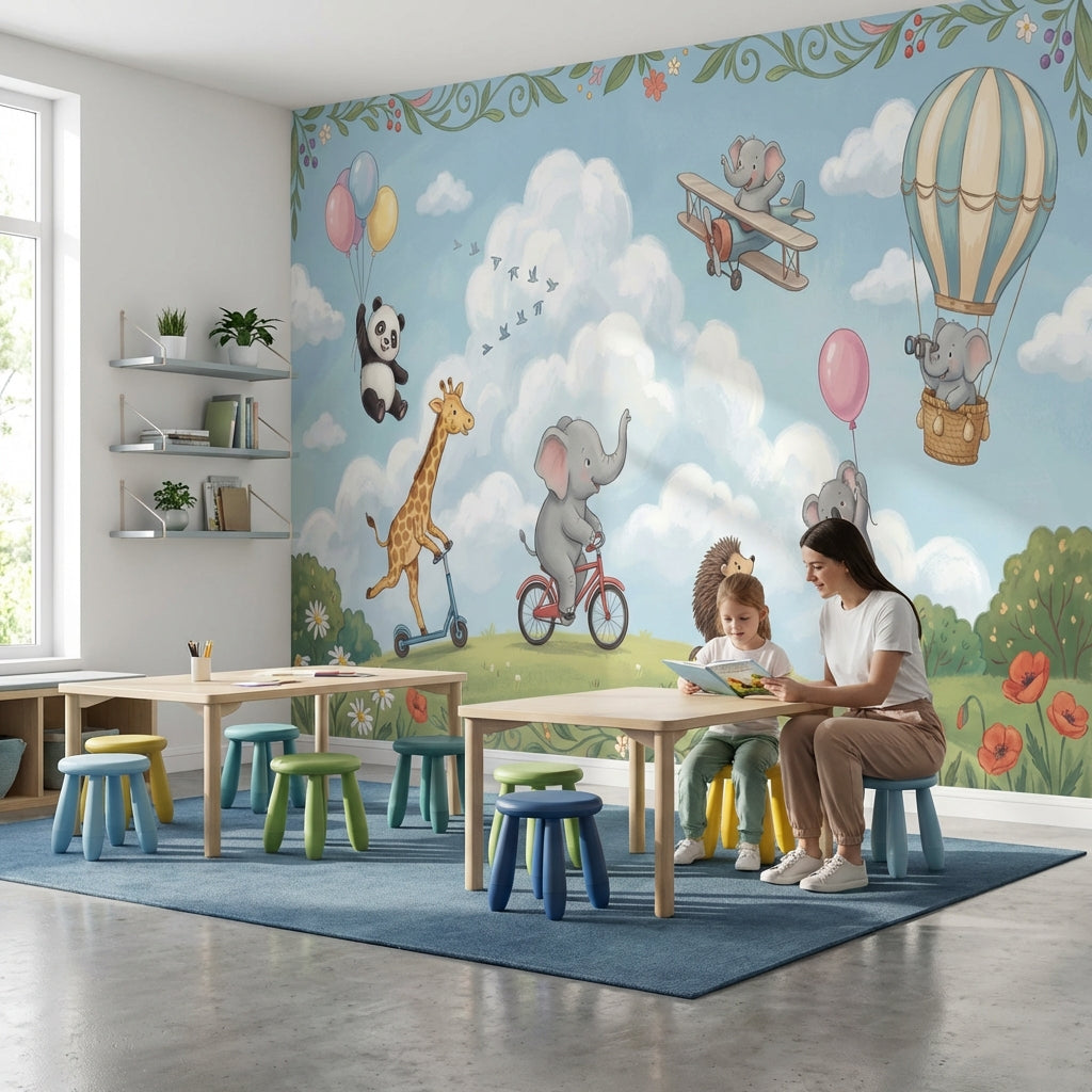 Playful Animals Wallpaper Whimsical Bright Wall Mural