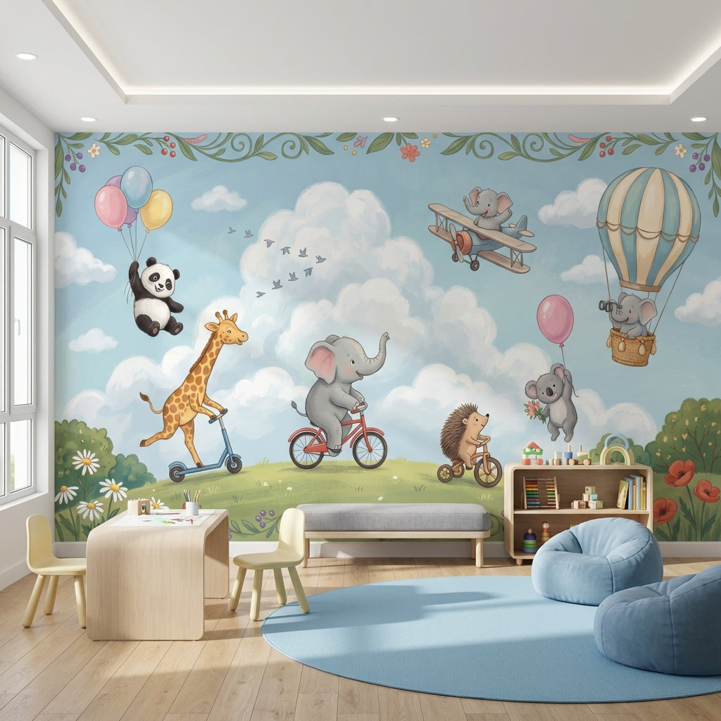 Playful Animals Wallpaper Whimsical Bright Wall Mural