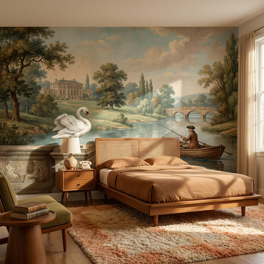 Landscape Wallpaper Swan Vintage Wall Mural
