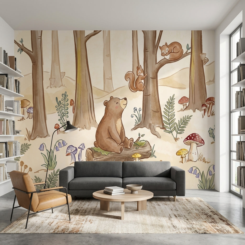 Whimsical Forest Wallpaper Bear Squirrel Wall Mural
