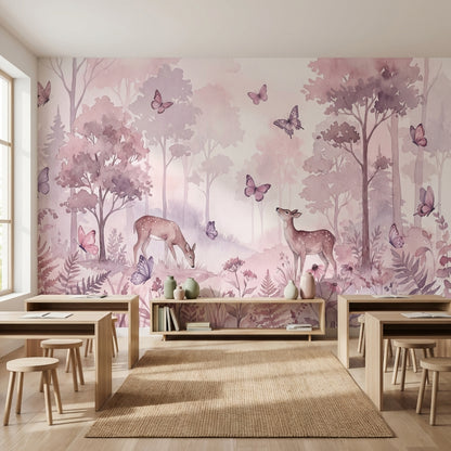 Forest Wallpaper Butterflies Deer Wall Mural