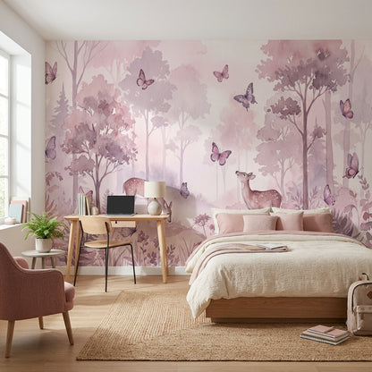 Forest Wallpaper Butterflies Deer Wall Mural
