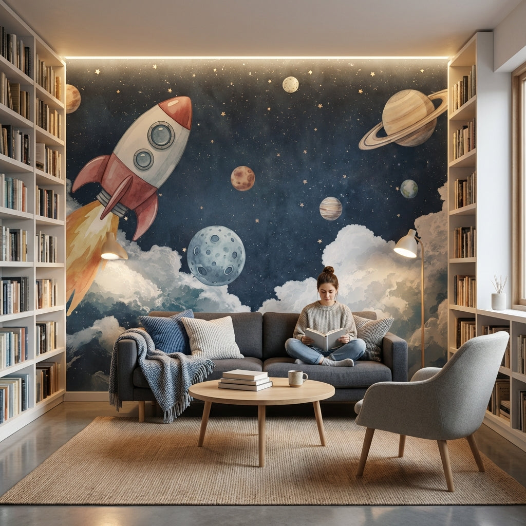 Starry Night Wallpaper Rocket Planets Wall Decor