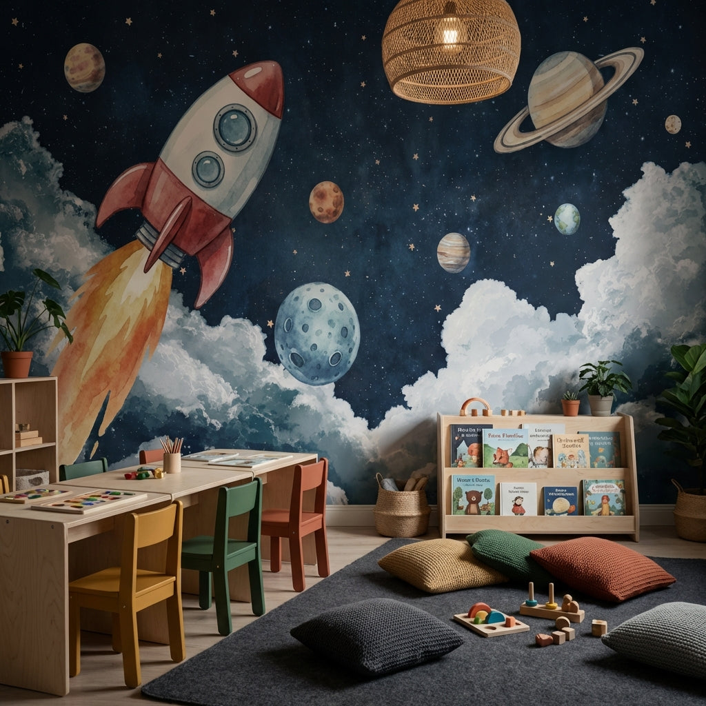 Starry Night Wallpaper Rocket Planets Wall Decor