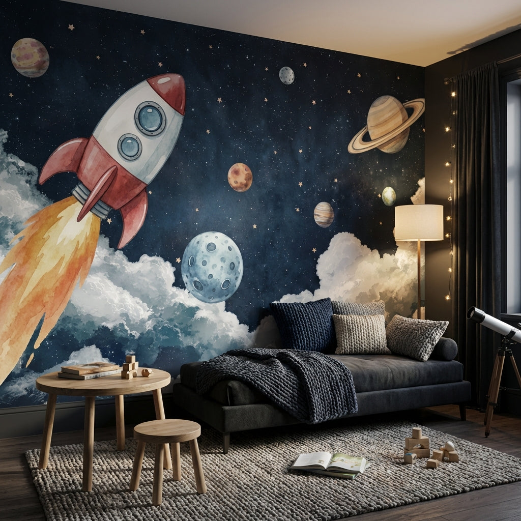 Starry Night Wallpaper Rocket Planets Wall Decor
