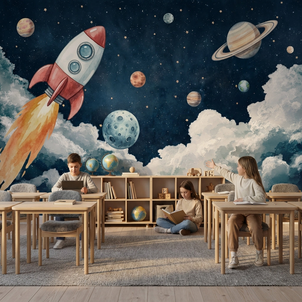 Starry Night Wallpaper Rocket Planets Wall Decor