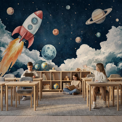 Starry Night Wallpaper Rocket Planets Wall Decor