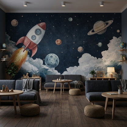 Starry Night Wallpaper Rocket Planets Wall Decor