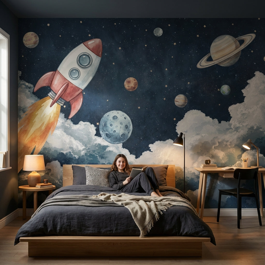 Starry Night Wallpaper Rocket Planets Wall Decor