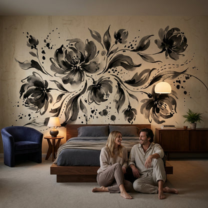 Floral Wallpaper Vintage Ink Wash Wall Mural