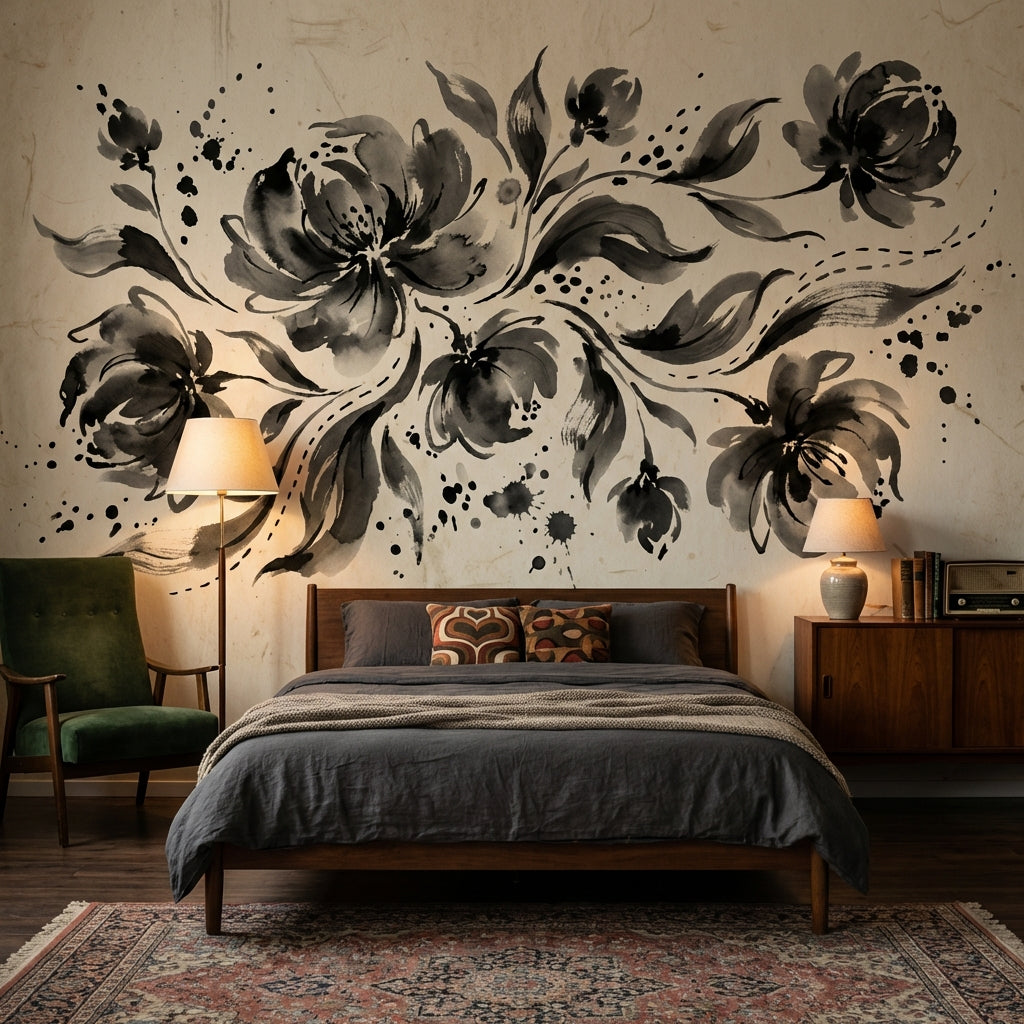 Floral Wallpaper Vintage Ink Wash Wall Mural