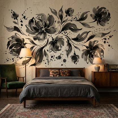 Floral Wallpaper Vintage Ink Wash Wall Mural