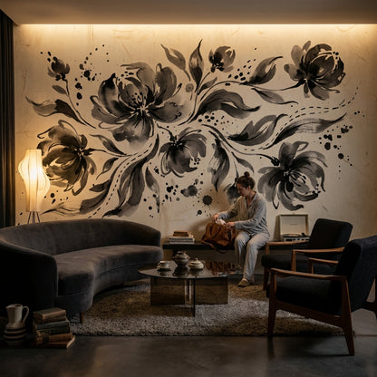 Floral Wallpaper Vintage Ink Wash Wall Mural