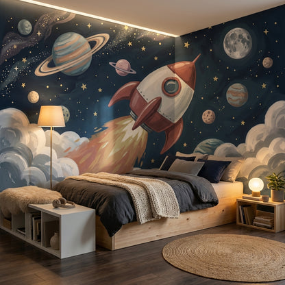 Starry Night Wallpaper Rocket Space Wall Mural