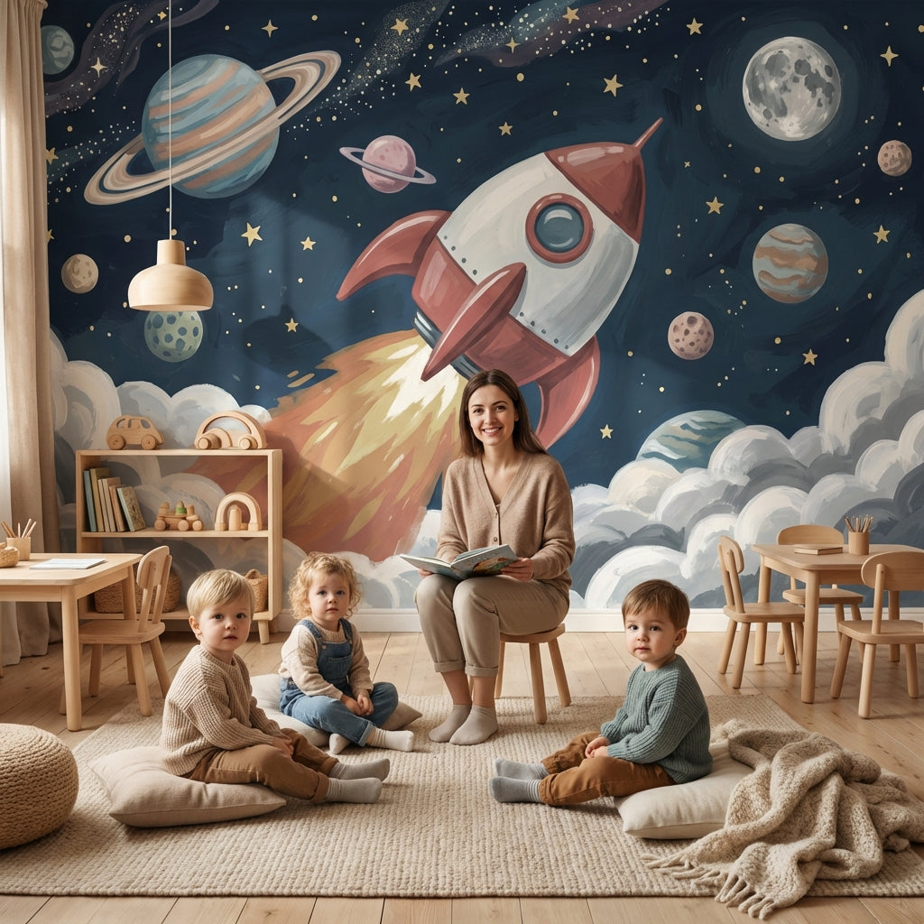 Starry Night Wallpaper Rocket Space Wall Mural