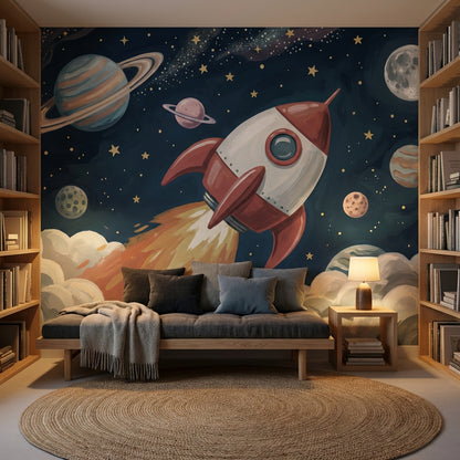 Starry Night Wallpaper Rocket Space Wall Mural