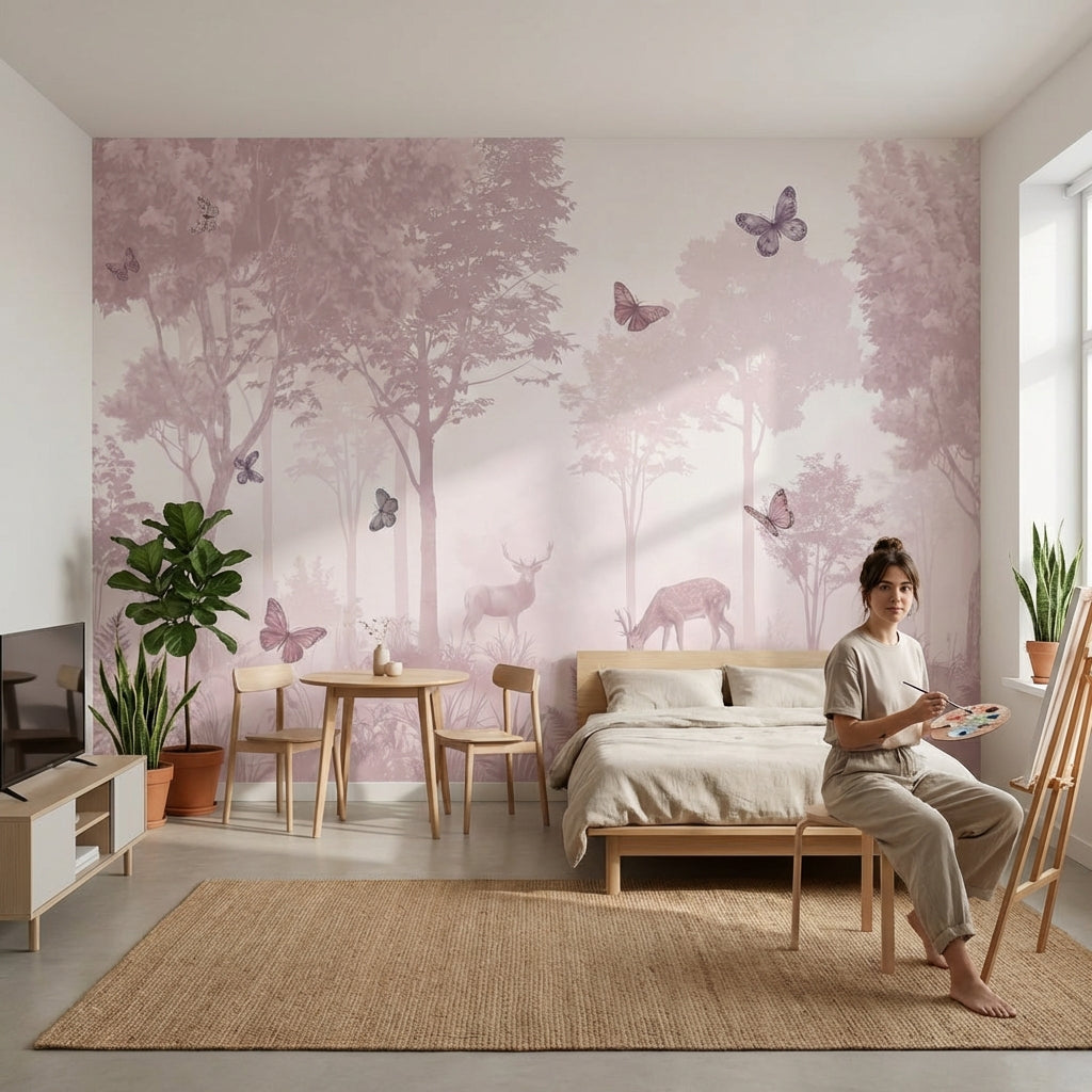 Forest Wallpaper Butterflies Deer Wall Mural