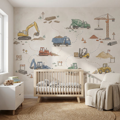 Construction Vehicles Wallpaper Cartoon Playful Wall Mural