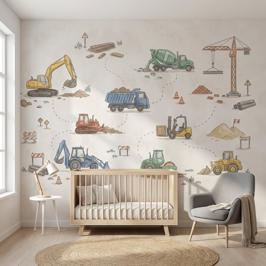 Construction Vehicles Wallpaper Cartoon Playful Wall Mural