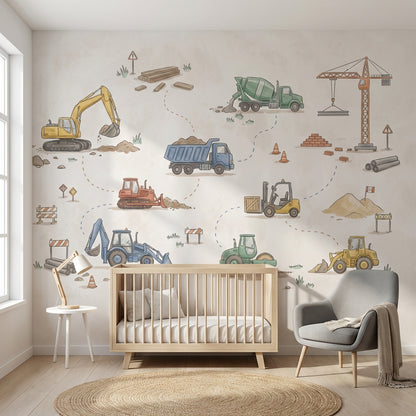 Construction Vehicles Wallpaper Cartoon Playful Wall Mural