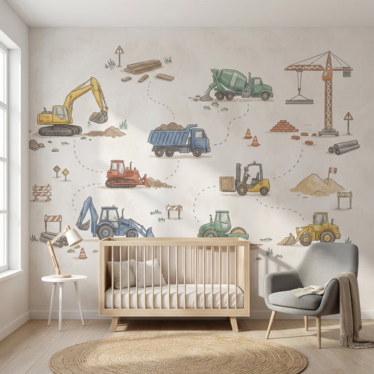 Construction Vehicles Wallpaper Cartoon Playful Wall Mural