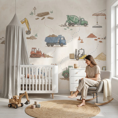 Construction Vehicles Wallpaper Cartoon Playful Wall Mural