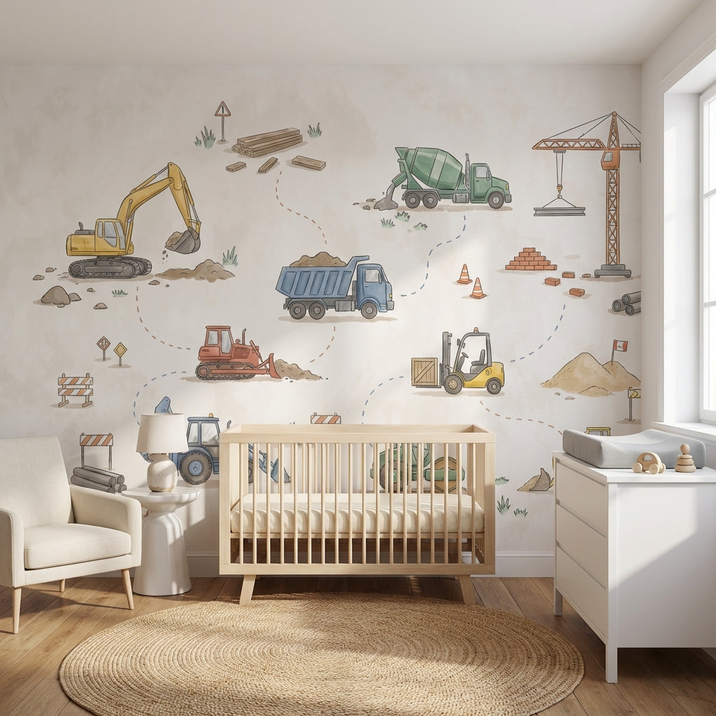 Construction Vehicles Wallpaper Cartoon Playful Wall Mural