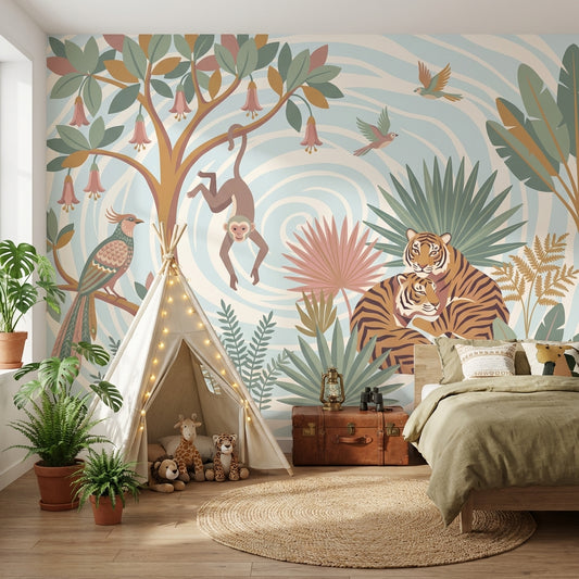 Jungle Animals Wallpaper Monkey Birds Wall Mural