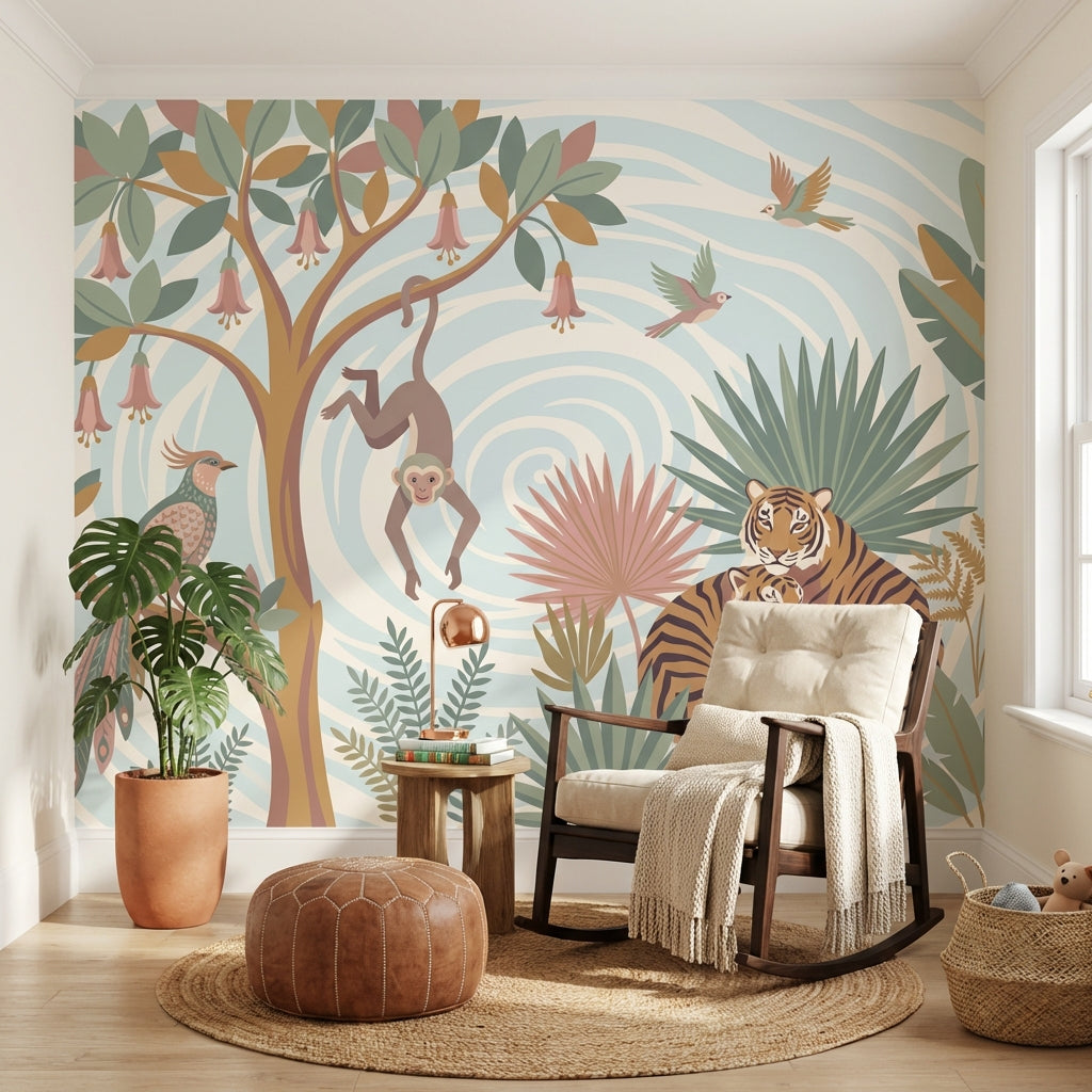 Jungle Animals Wallpaper Monkey Birds Wall Mural