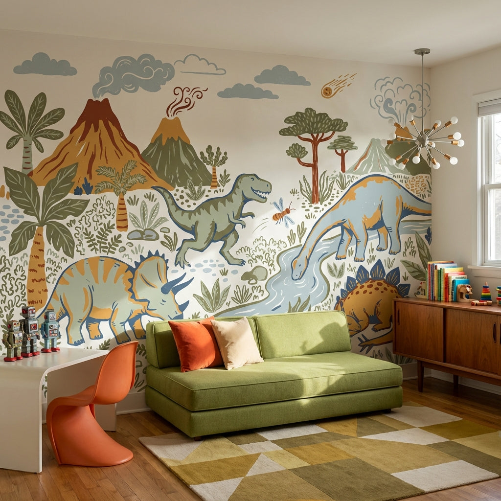 Dinosaurs Wallpaper Prehistoric Volcano Wall Mural