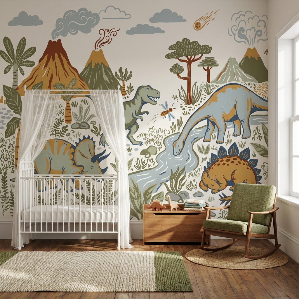 Dinosaurs Wallpaper Prehistoric Volcano Wall Mural