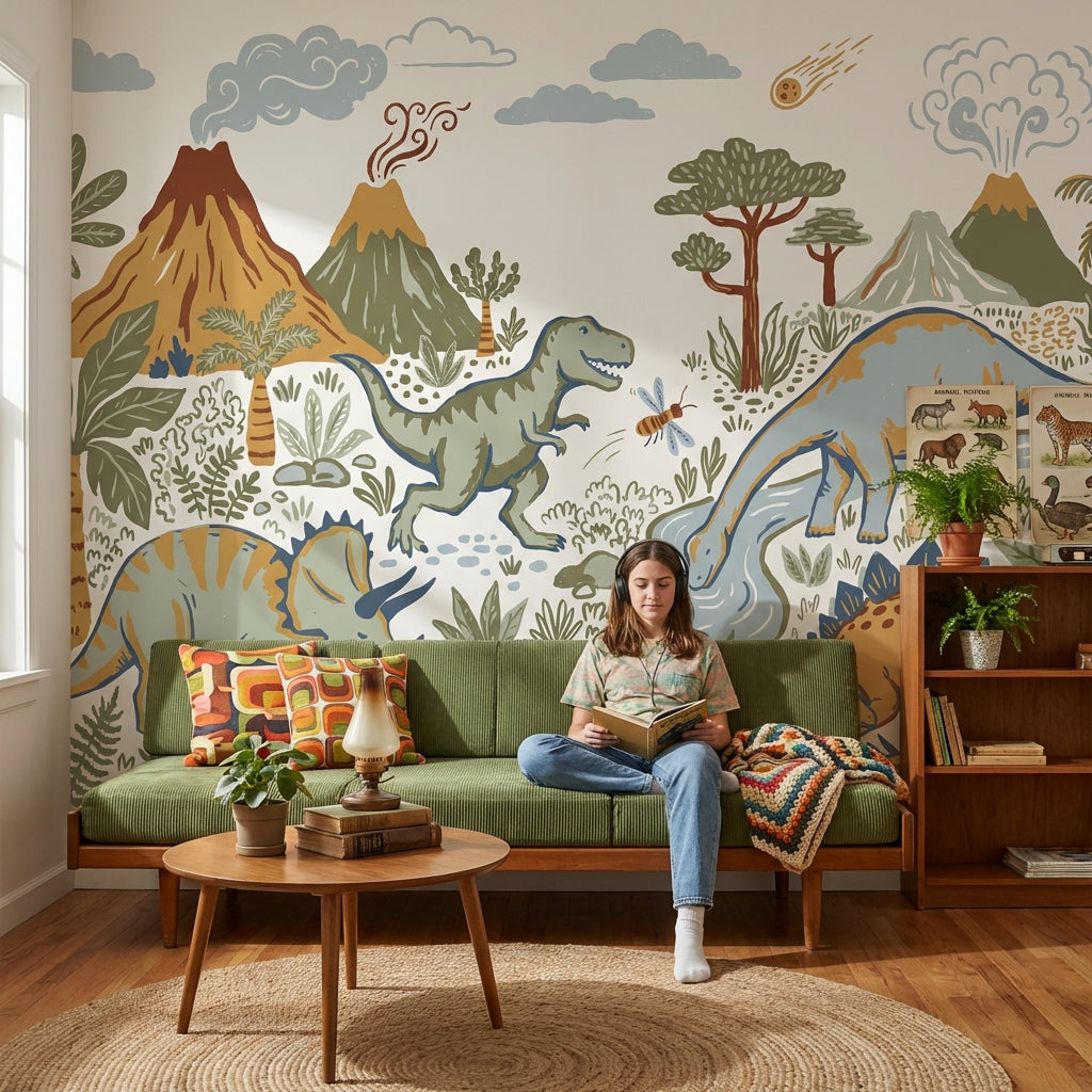 Dinosaurs Wallpaper Prehistoric Volcano Wall Mural