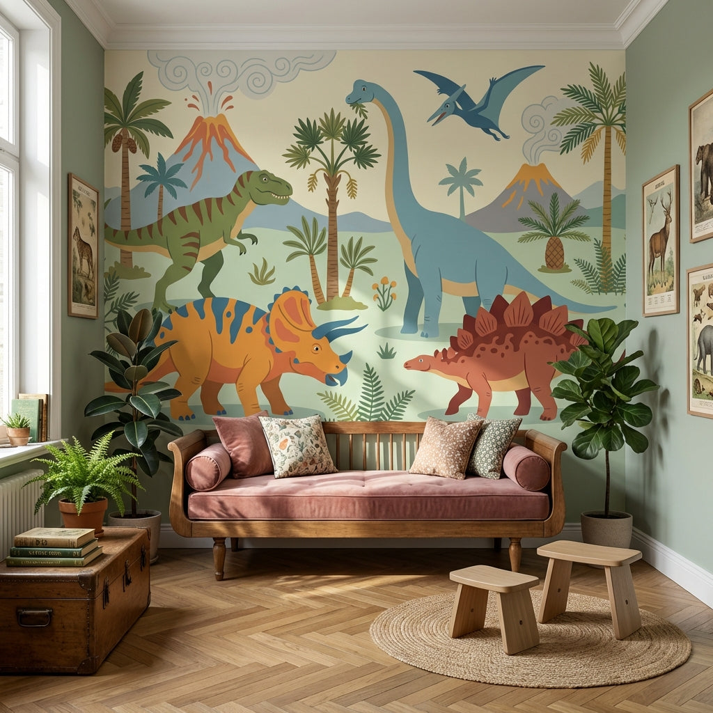 Dinosaur Adventure Wallpaper Prehistoric Volcano Wall Mural