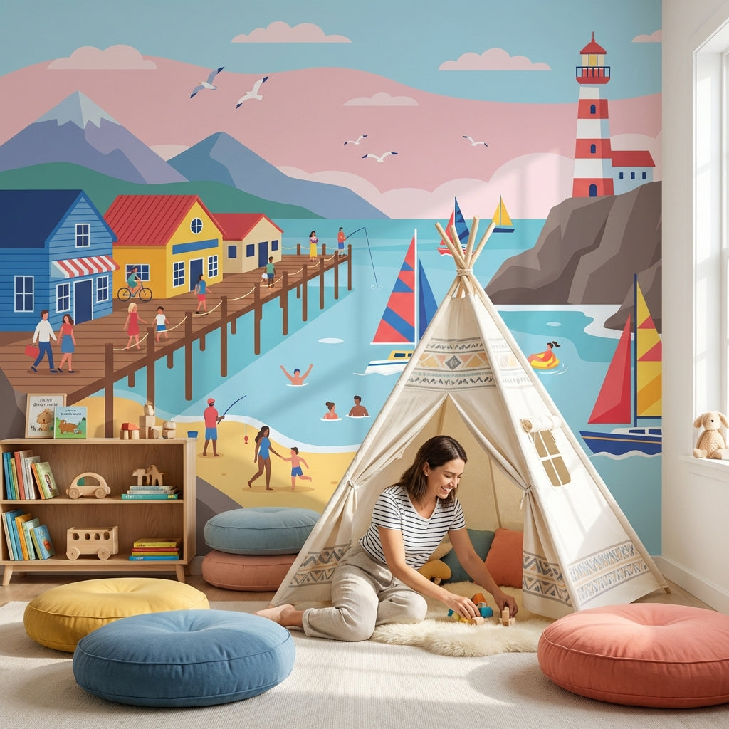 Coastal Wallpaper Lighthouse Sailing Wall Mural