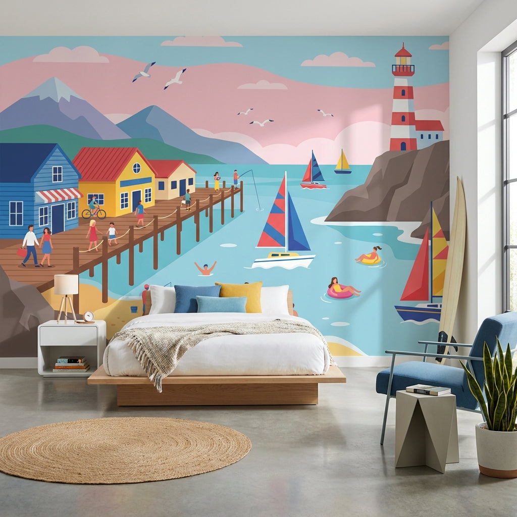 Coastal Wallpaper Lighthouse Sailing Wall Mural