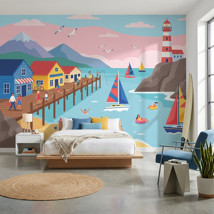 Coastal Wallpaper Lighthouse Sailing Wall Mural