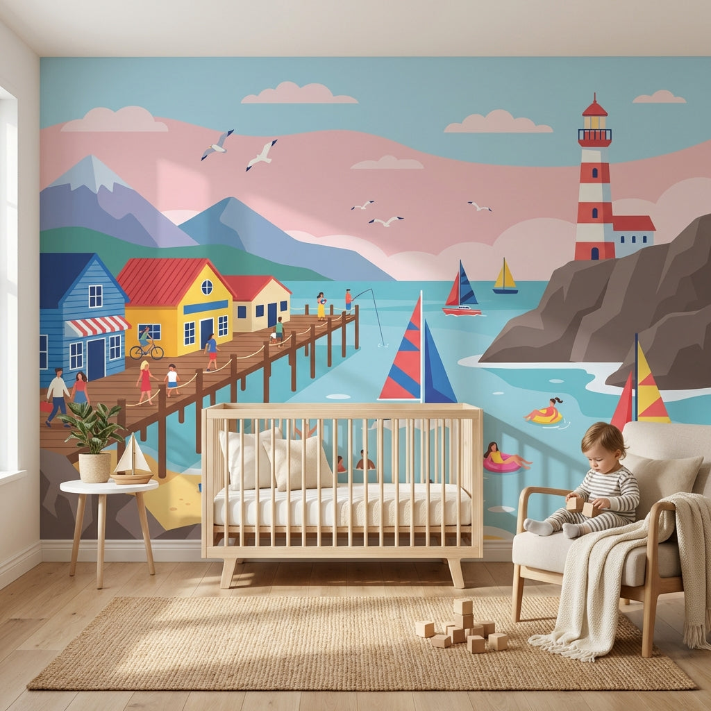 Coastal Wallpaper Lighthouse Sailing Wall Mural