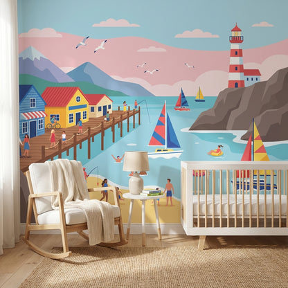 Coastal Wallpaper Lighthouse Sailing Wall Mural