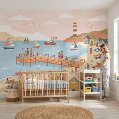 Beach Wallpaper Pier Sailboats Wall Mural